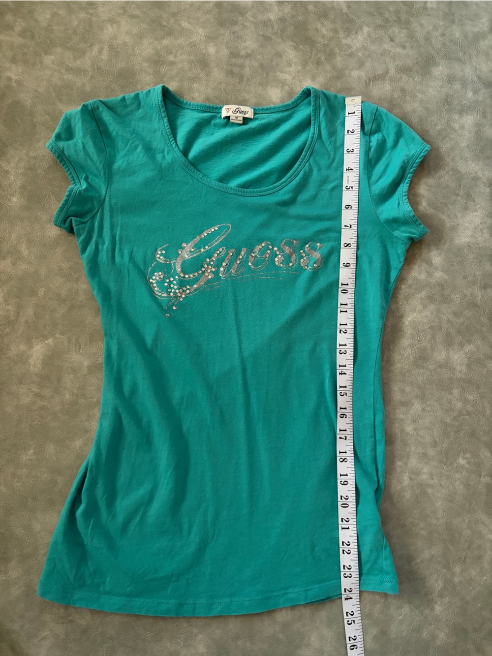 Y2K Guess Teal Rhinestone Short Sleeve Model Off Duty Baby Tee - Picture 13 of 13
